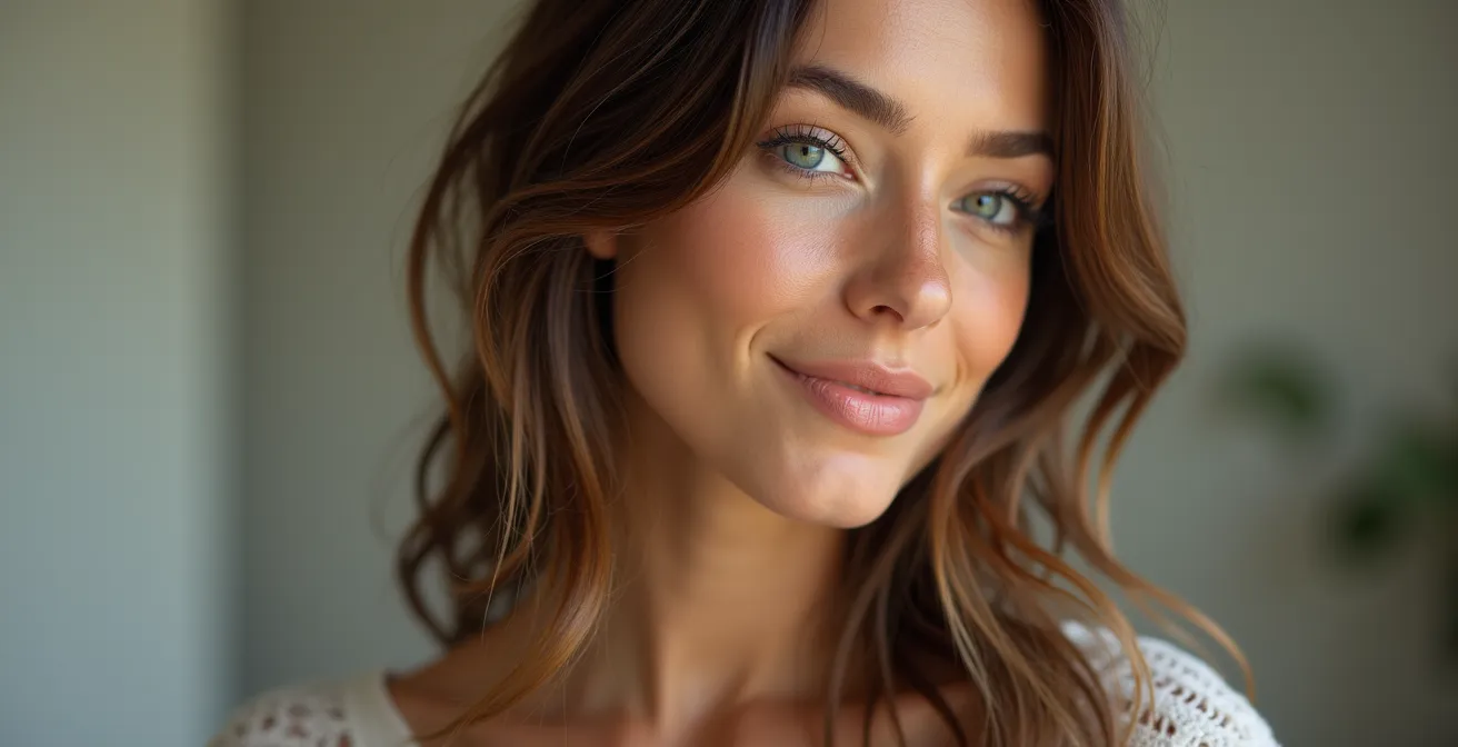 Photo réaliste éditoriale montrant une femme avec des cheveux sains et brillants, éclairage cinématographique doux, composition symétrique avec un espace négatif propre et un arrière-plan uni.