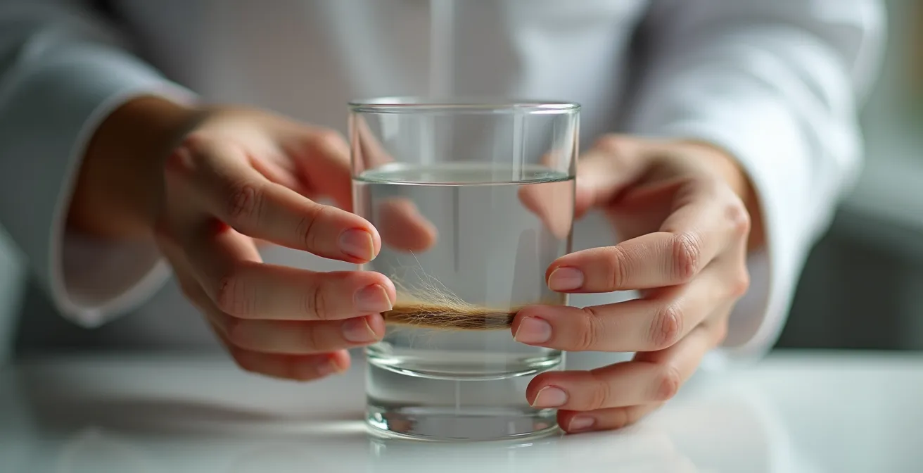 Photo réaliste d’un verre d’eau avec une mèche de cheveux et des mains effectuant un test d'élasticité sur cheveux humides.