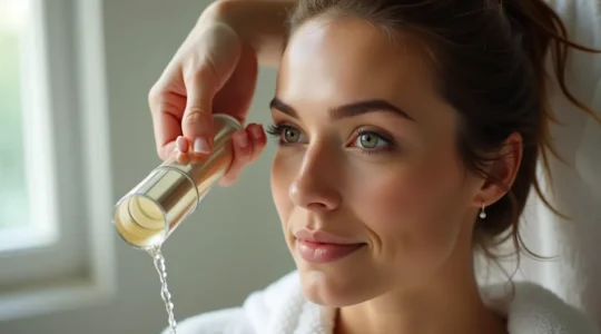 Photographie réaliste d'une femme aux cheveux secs recevant un soin hydratant, avec un éclairage cinématographique doux, profondeur de champ réduite pour un effet bokeh naturel et un fond épuré avec de l'espace négatif