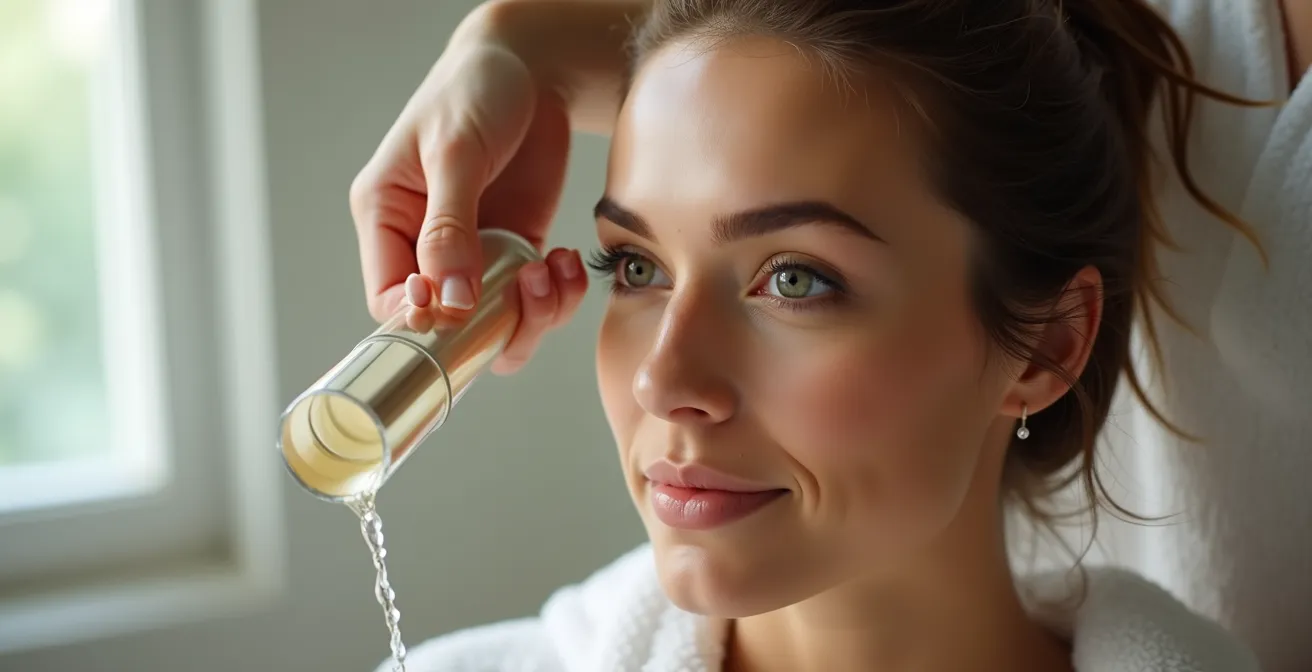 Photographie réaliste d'une femme aux cheveux secs recevant un soin hydratant, avec un éclairage cinématographique doux, profondeur de champ réduite pour un effet bokeh naturel et un fond épuré avec de l'espace négatif