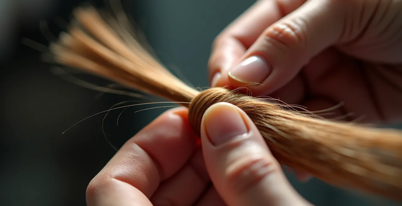 Gros plan sur les mains expertes d'un coiffeur analysant une mèche de cheveux