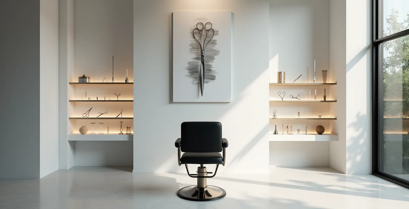 Vue d'ensemble d'un espace salon épuré avec architecture contemporaine