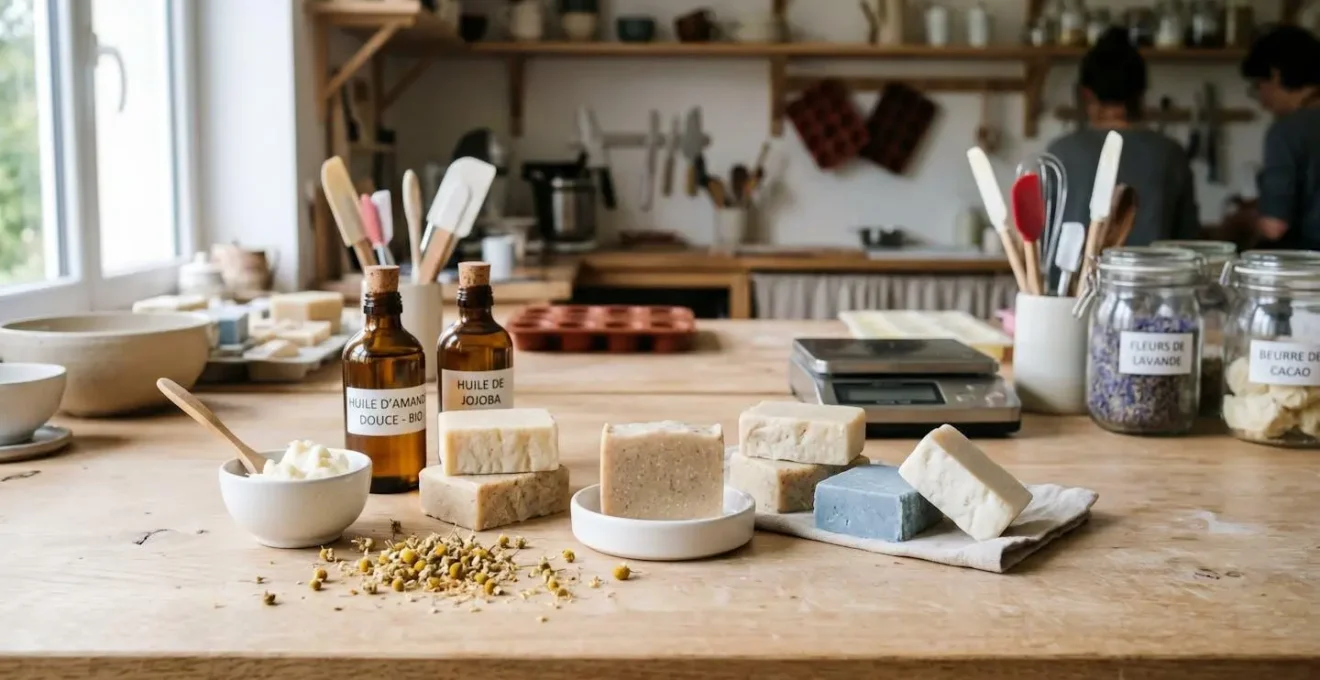 Établi de fabrication artisanale de cosmétiques solides en Normandie avec galets de shampoings, beurre de karité en bol céramique, fleurs de camomille séchées et flacons d'huiles végétales en verre ambré sur surface en bois clair, éclairage naturel latéral doux