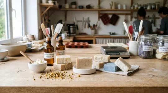 Établi de fabrication artisanale de cosmétiques solides en Normandie avec galets de shampoings, beurre de karité en bol céramique, fleurs de camomille séchées et flacons d'huiles végétales en verre ambré sur surface en bois clair, éclairage naturel latéral doux