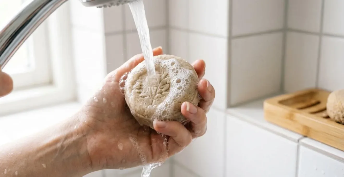 Main tenant un galet de shampoing solide beige sous l'eau de douche avec mousse naturelle se formant, carrelage blanc et porte-savon en bambou en arrière-plan, éclairage naturel