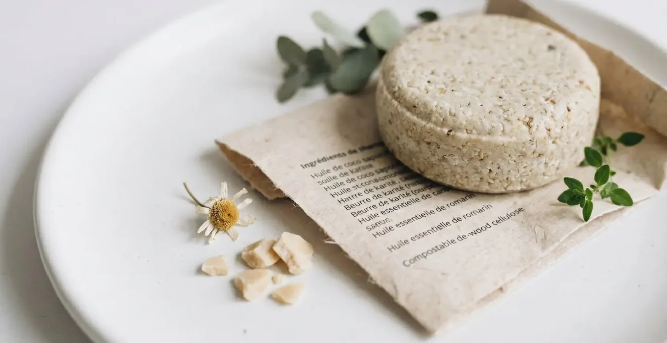 Gros plan d'un shampoing solide posé sur emballage compostable en cellulose dépliée avec liste INCI courte en français visible, accompagné de fleur de camomille et copeaux de beurre de karité sur surface blanche mate, éclairage zénithal doux