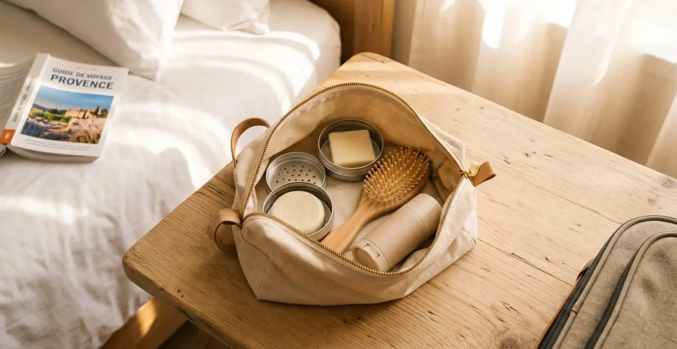 Vue de dessus d'une trousse de toilette en coton beige ouverte contenant cosmétiques solides dans boîtes de transport métalliques perforées, brosse en bois et déodorant solide sur table en bois clair, lumière naturelle chaude